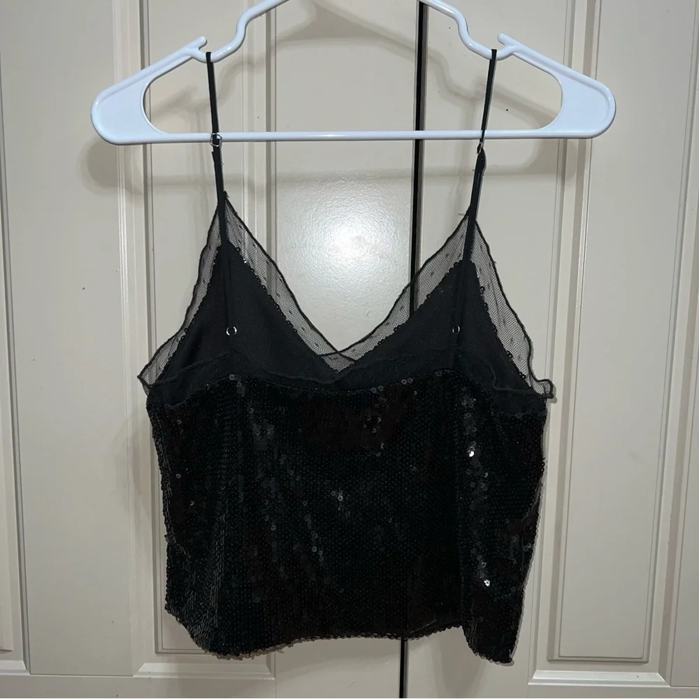 Forever 21 Black Sequin and Tulle V-Neck Spaghetti Strap Crop Top Camisole Sz S - Picture 5 of 11